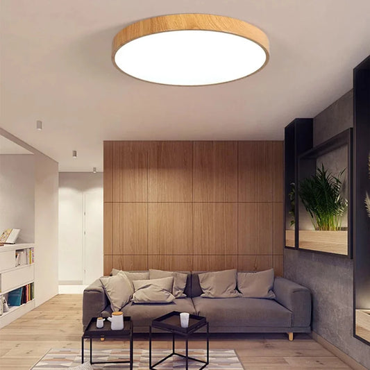 Luminária de Teto LED Plafon Moderna com Detalhes em Madeira.