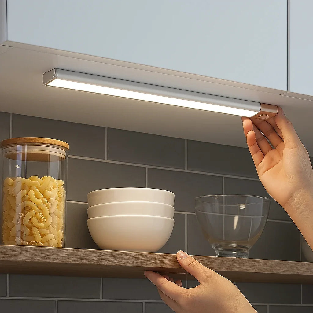 Luminária de LED sob armário de cozinha iluminando bancada e potes.
