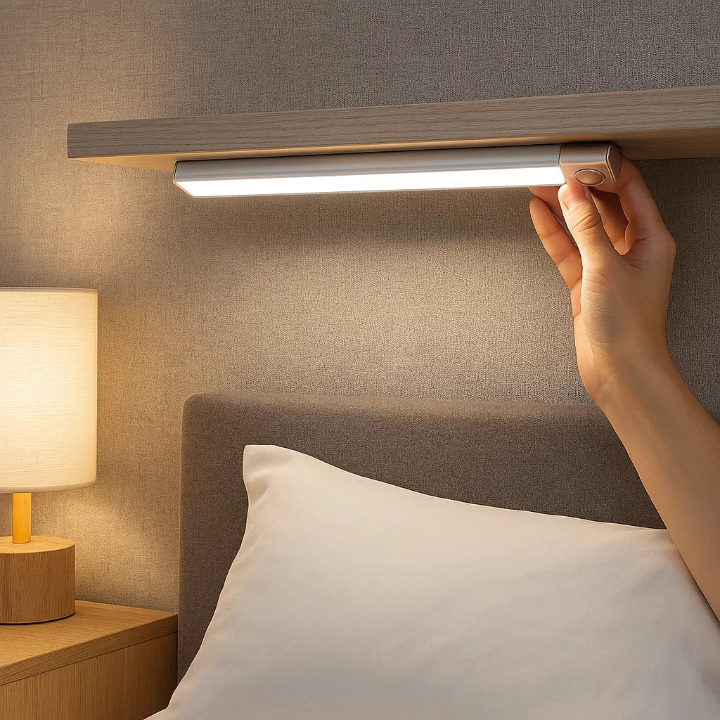 Luminária de LED slim instalada sob prateleira de madeira em quarto aconchegante.
