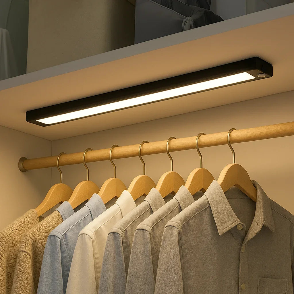 Luminária de LED embutida iluminando roupas penduradas em um guarda-roupa moderno.
