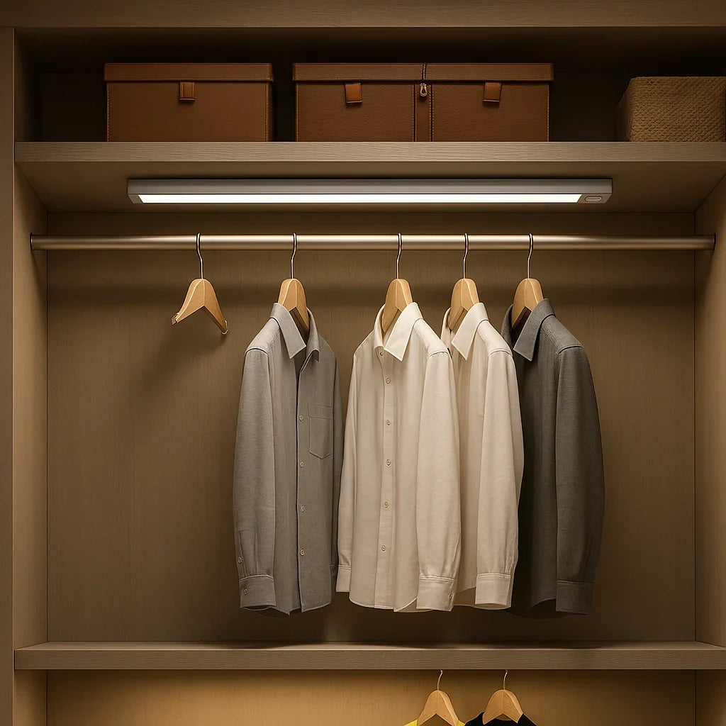 Luminária de LED embutida sob prateleira de closet iluminando camisas penduradas.