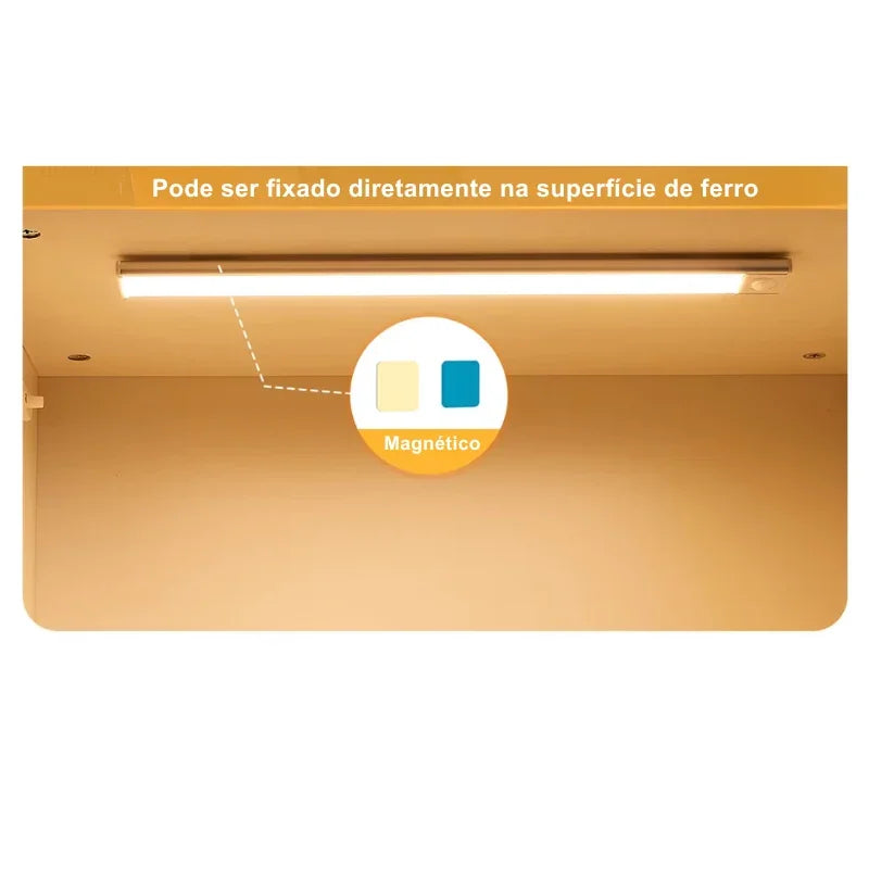 Luminária de LED com fixação magnética em superfície de ferro.