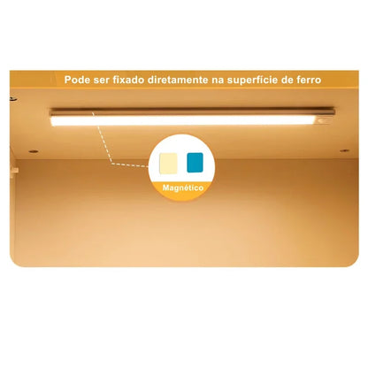Luminária de LED com fixação magnética em superfície de ferro.