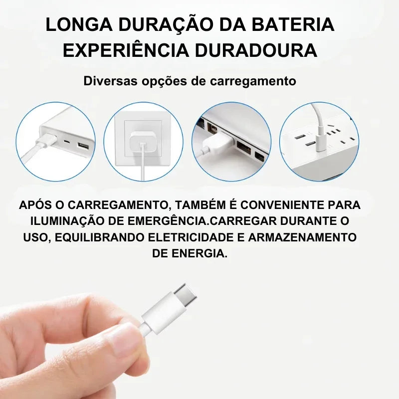 Opções de carregamento USB para luminária com bateria de longa duração.