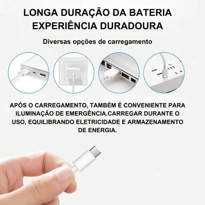 Opções de carregamento USB para luminária com bateria de longa duração.