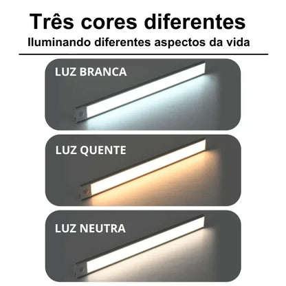Luminária de LED com três opções de temperatura de cor: luz branca, luz quente e luz neutra.