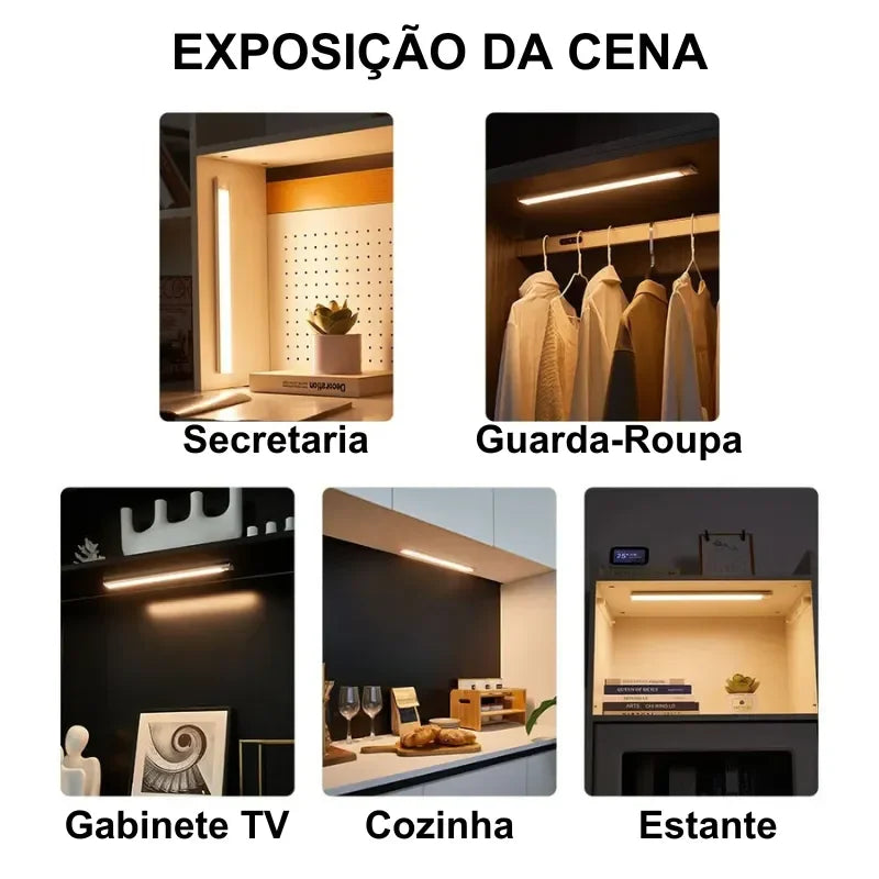 Exemplos de uso de luminárias LED em escrivaninha, guarda-roupa, gabinete de TV, cozinha e estante.