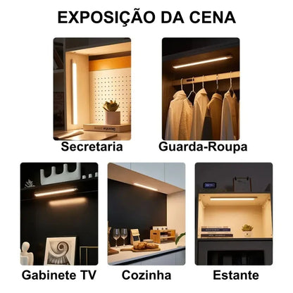 Exemplos de uso de luminárias LED em escrivaninha, guarda-roupa, gabinete de TV, cozinha e estante.