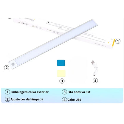 Luminária LED linear com ajuste de cor, fita adesiva 3M e cabo USB para iluminação.