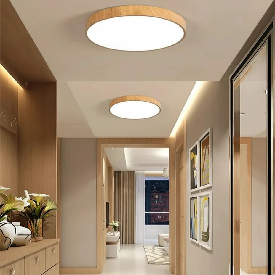 Luminária de Teto LED Plafon Moderna com Detalhes em Madeira.