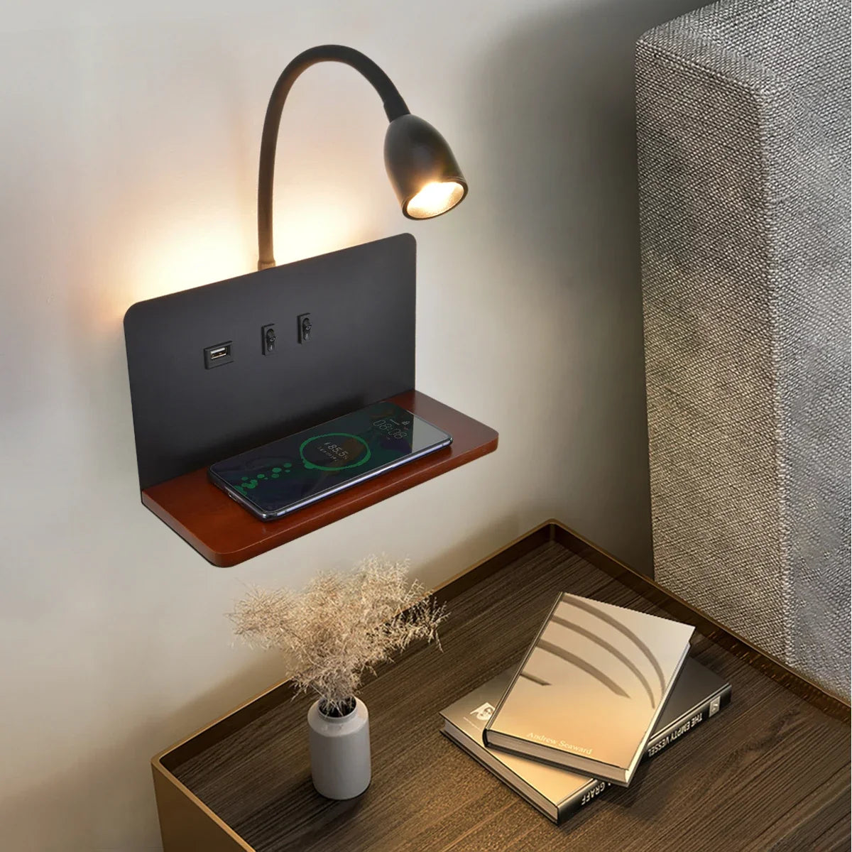Indoor Lâmpada De Parede LED Com Interface USB E Carregamento Sem Fio Moderna 360 ° Rotatable Luz De Parede Com Interruptor Luzes Da Noite De Cabeceira