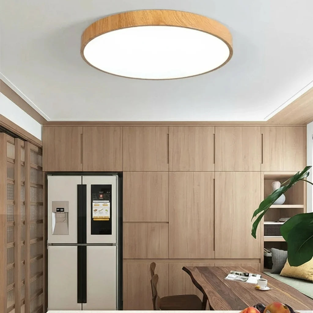 Luminária de Teto LED Plafon Moderna com Detalhes em Madeira.