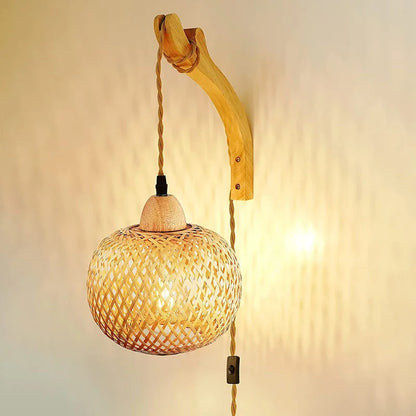Lanterna de bambu lâmpada de parede natural rattan vime e27 lustres mão-tecido decoração do quarto de bambu abajures luminárias de parede