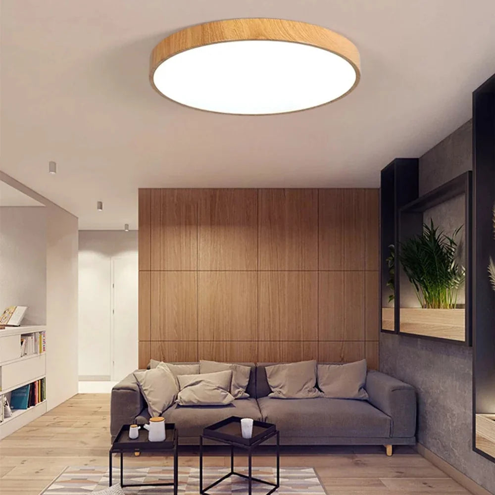 Luminária de Teto LED Plafon Moderna com Detalhes em Madeira.