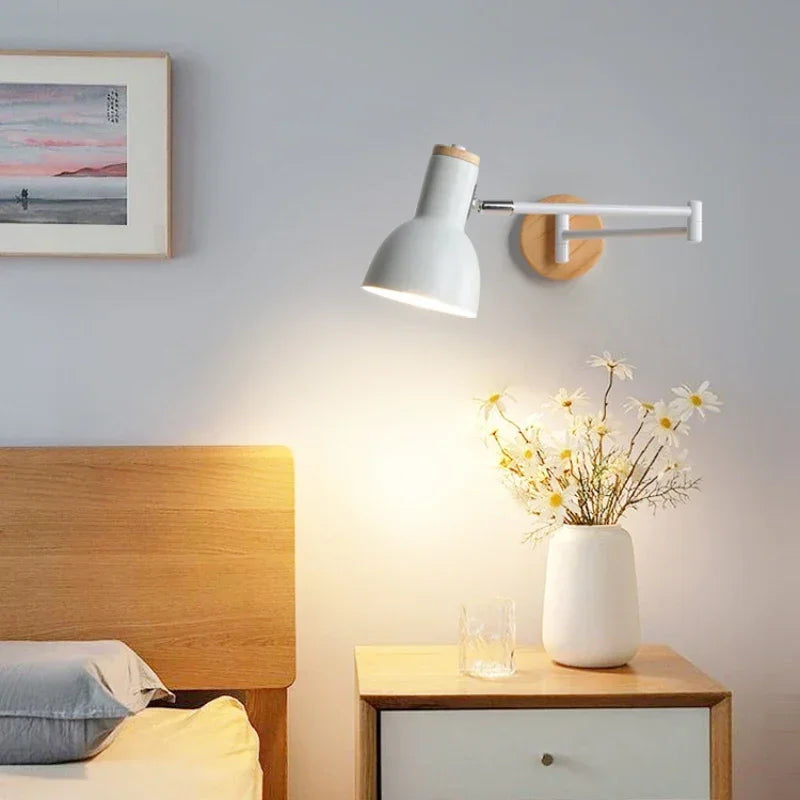 Nordic Swing Longo Braço Sconce Lâmpada, Sala de estar Luz Da Parede, Quarto, Cabeceira De Madeira Maciça, Foyer, Home Indoor Decor