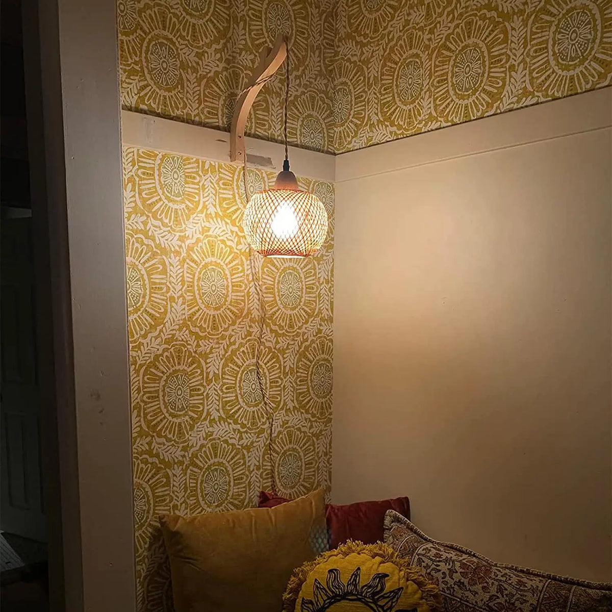 Lanterna de bambu lâmpada de parede natural rattan vime e27 lustres mão-tecido decoração do quarto de bambu abajures luminárias de parede