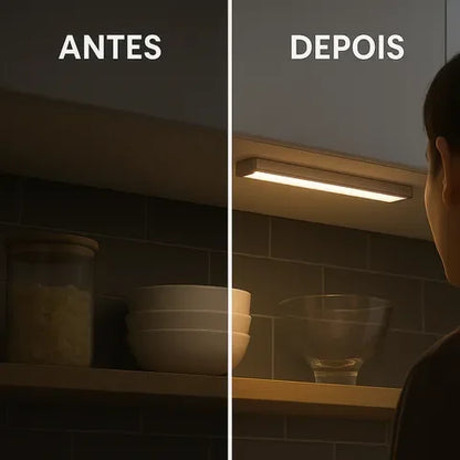 Comparativo de iluminação de cozinha antes e depois com luminária de LED sob o armário.