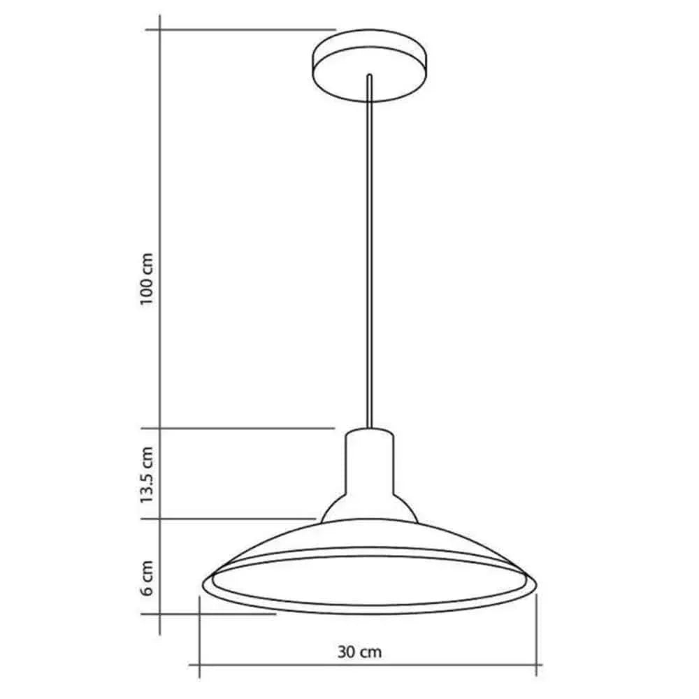 Desenho técnico de luminária pendente com medidas de 30 cm de largura e 100 cm de altura.