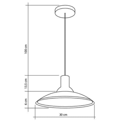 Desenho técnico de luminária pendente com medidas de 30 cm de largura e 100 cm de altura.