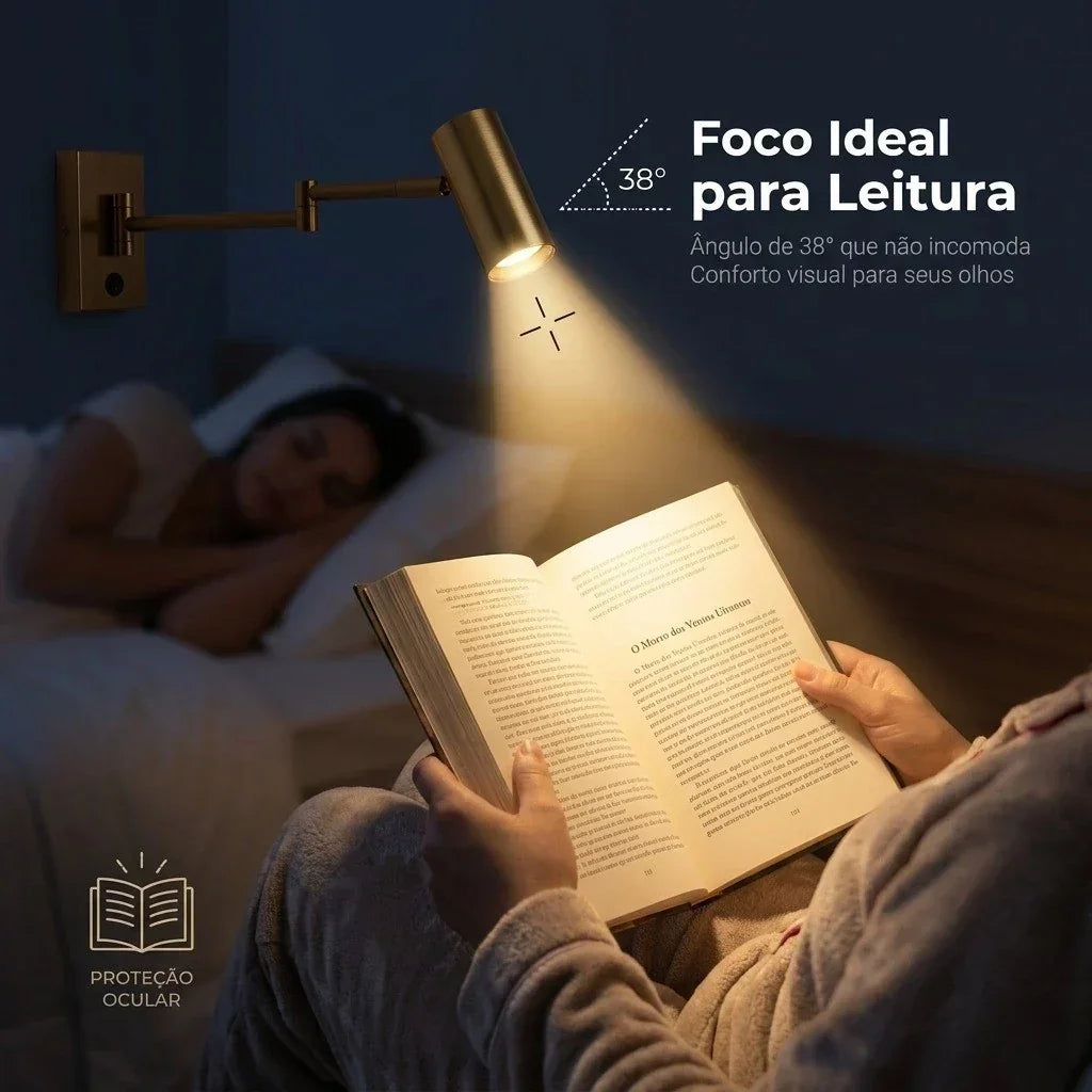 Luminária de leitura articulada com foco direcionado de 38 graus para conforto visual.