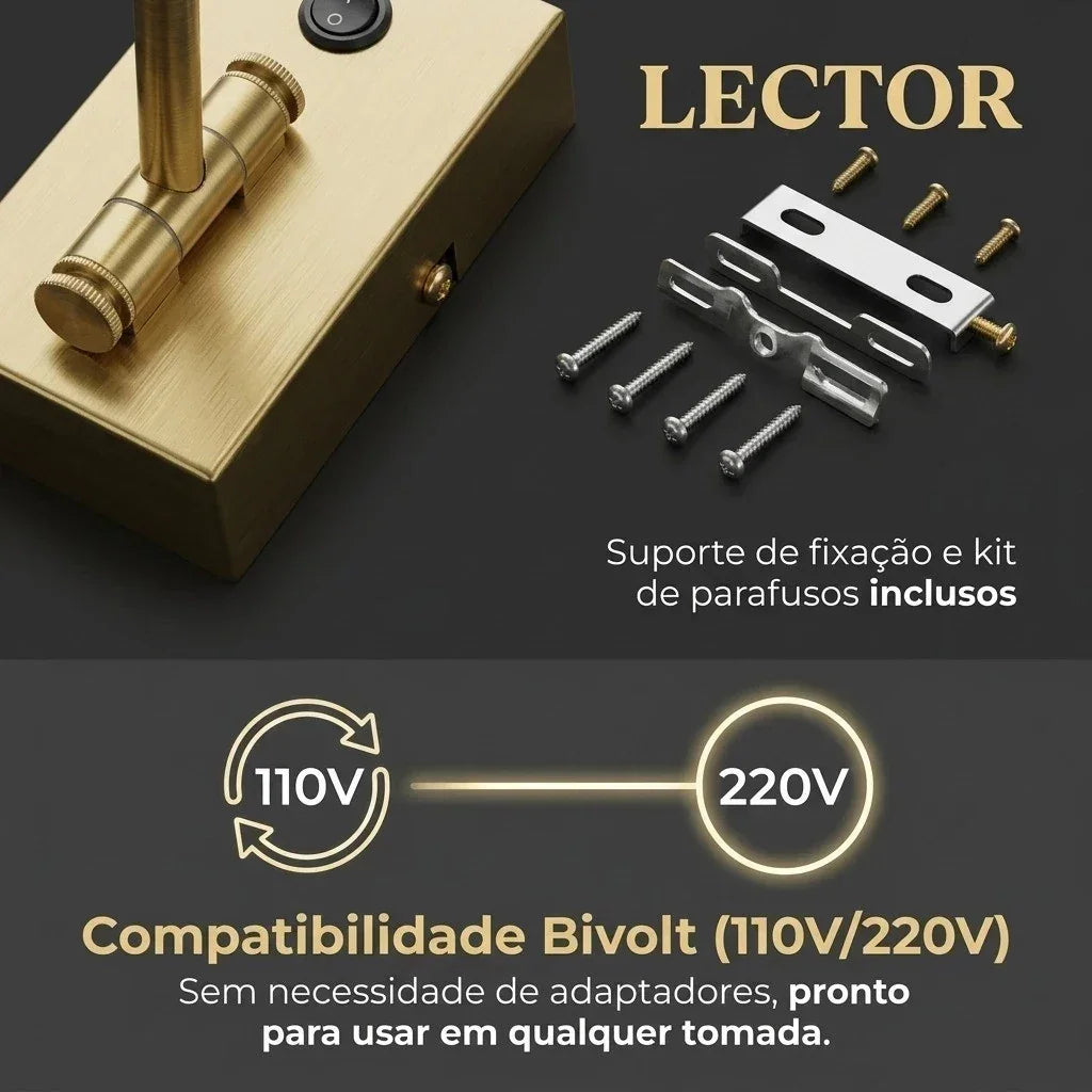 Luminária de mesa dourada com kit de fixação e compatibilidade bivolt 110V/220V.