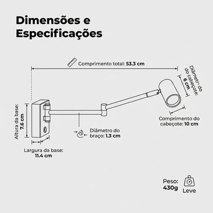 Infográfico com dimensões e especificações técnicas de uma luminária de mesa articulada.