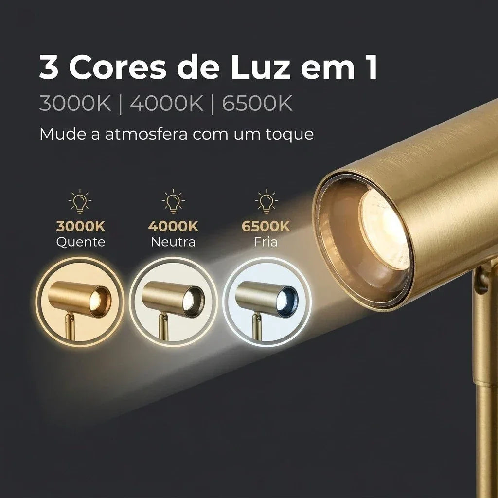 Luminária de destaque dourada com três opções de temperatura de cor: quente, neutra e fria.
