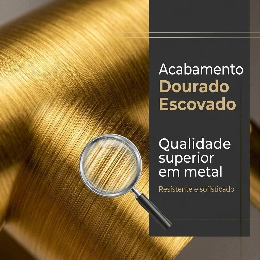 Acabamento dourado escovado de metal resistente e sofisticado.