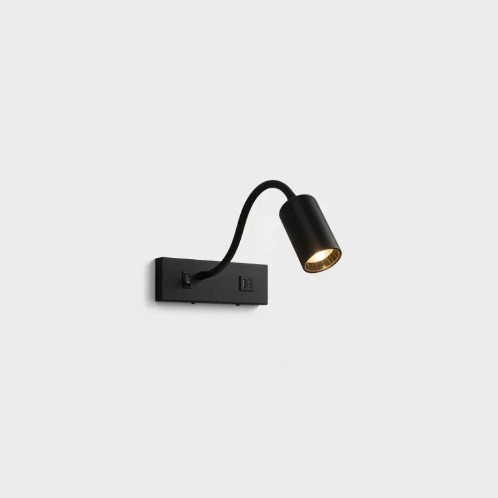 Arandela de parede preta com braço flexível e foco de luz direcionado.