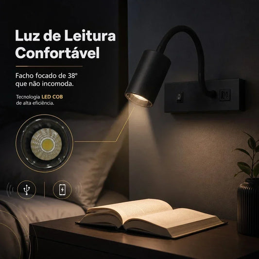 Luminária de leitura de parede preta com tecnologia LED COB iluminando um livro na mesa de cabeceira.