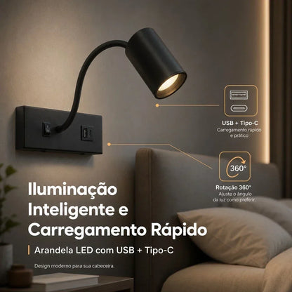 Arandela LED preta com braço flexível de 360°, entrada USB e Tipo-C para cabeceira.
