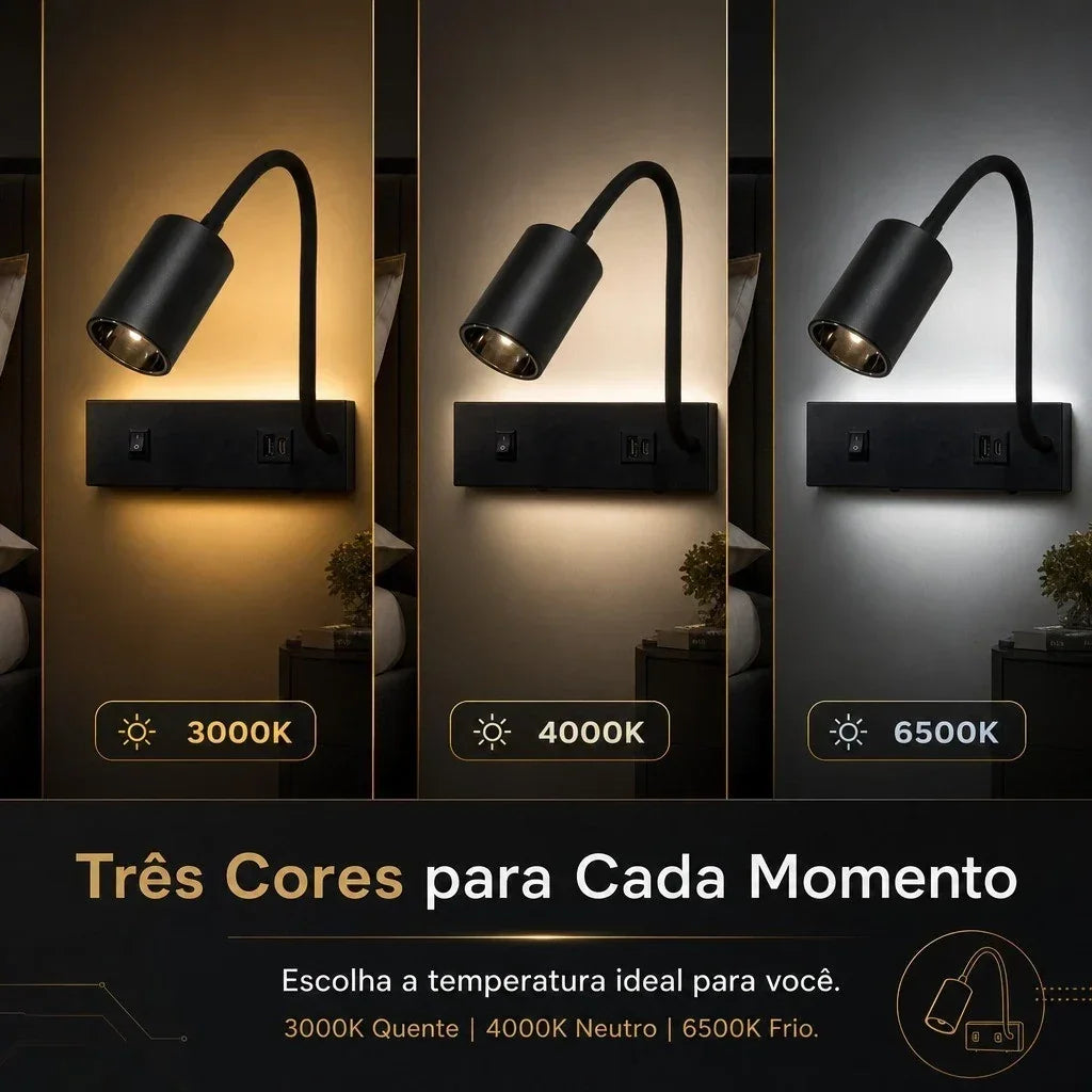 Luminária de parede preta com três opções de temperatura de cor: 3000K quente, 4000K neutro e 6500K frio.