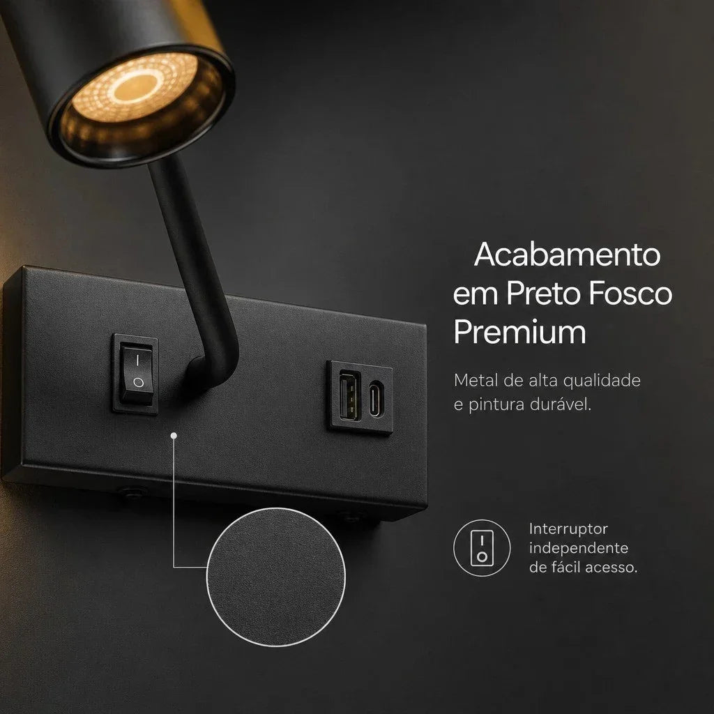 Luminária de mesa com acabamento em preto fosco premium e interruptor independente.