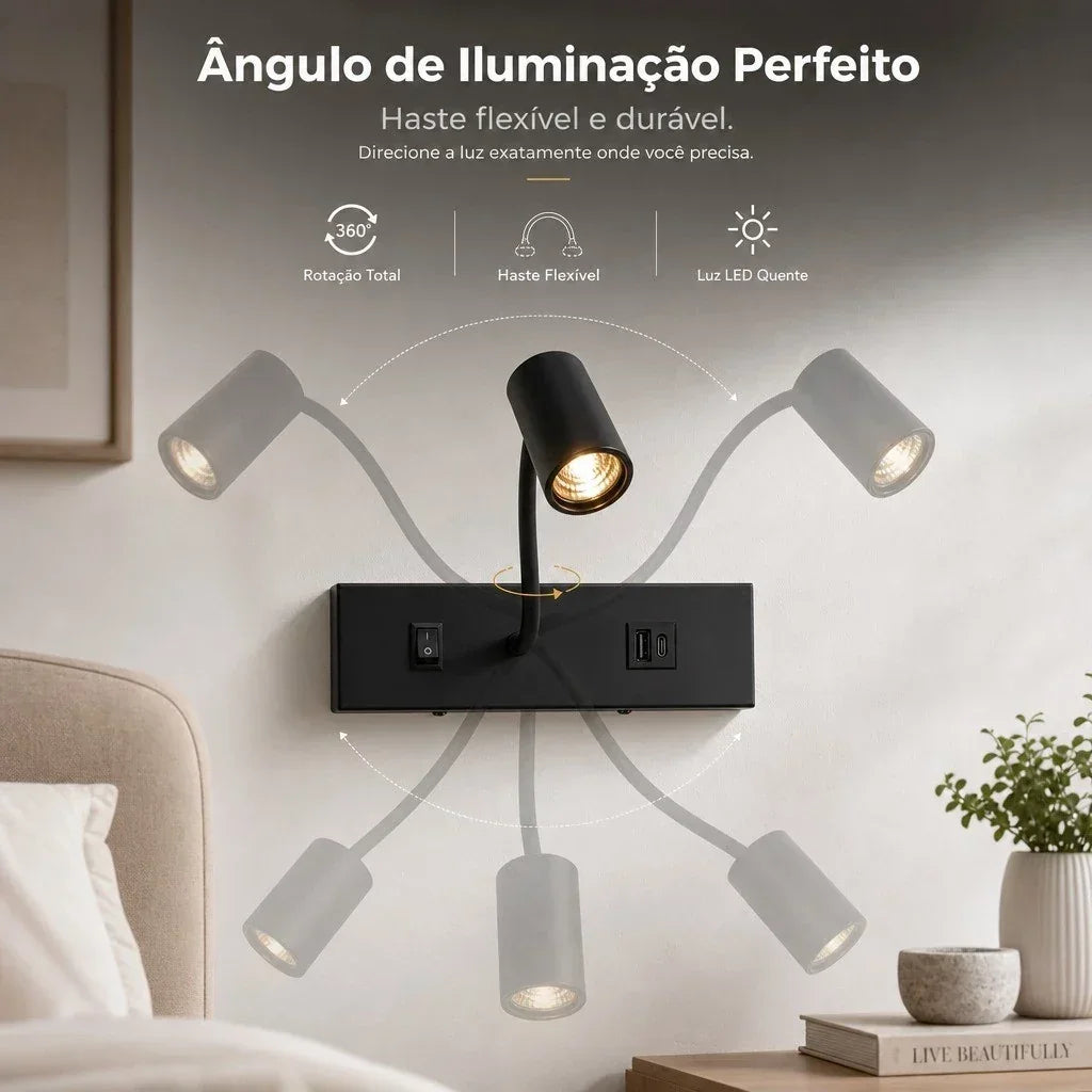 Luminária de parede preta com haste flexível e rotação 360 graus para iluminação direcionável.