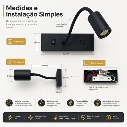Infográfico de luminária de parede preta com haste flexível e portas USB-A e USB-C.